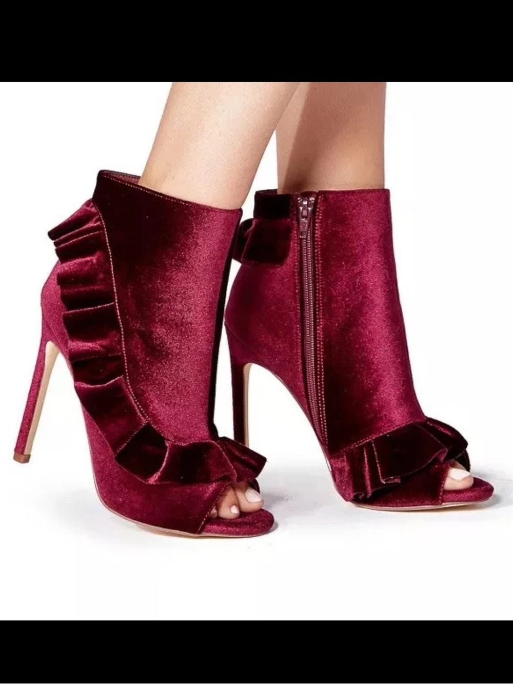 ShoeDazzle Magenta Velvet Lucie Ruffle Peep Toe Stiletto Booties Sz 8